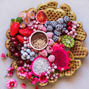 Matcha protein waffles served with berries and homemade nutella