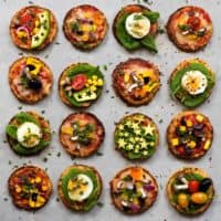 cauliflower mini pizzas with vegetables and quails eggs