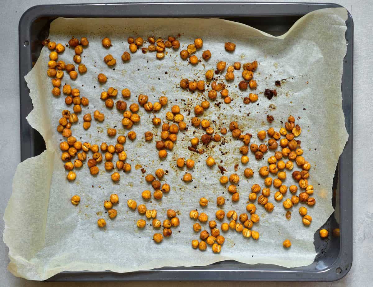 Roasted chickpeas in a baking tray