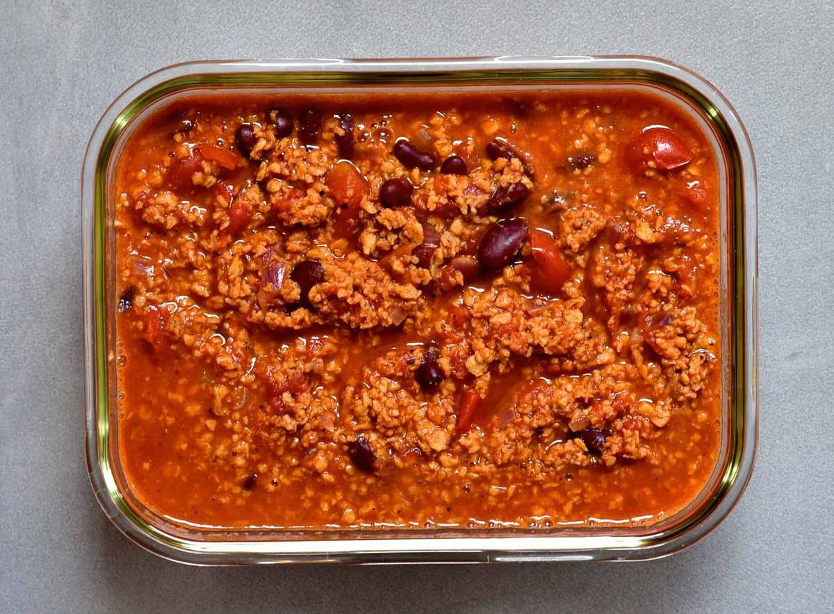 vegetarian soya mince in a square glass container 