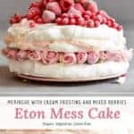 eton mess pavlova cake with berries and cream. meringue and pink cream recipe