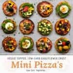 cauliflower base mini pizza's with vegetables and quail egg topping. low-carb snack.