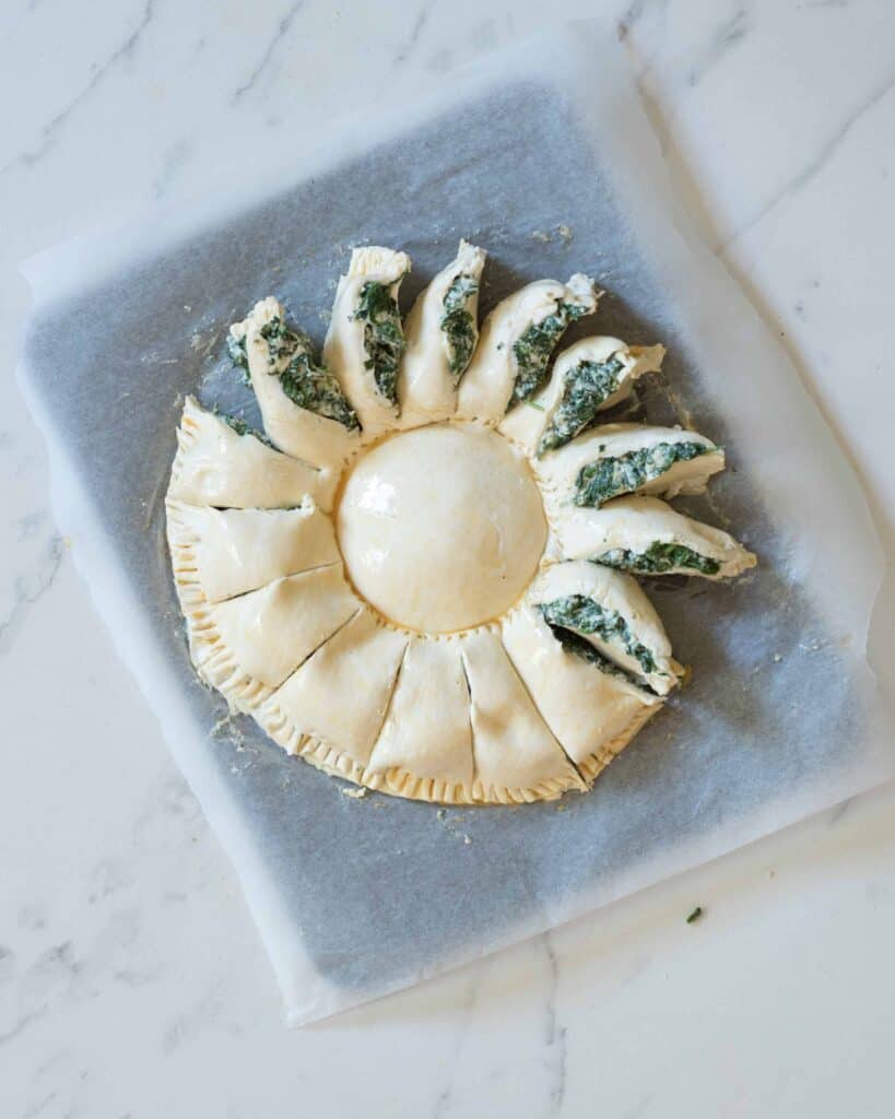 Spinach pie pastry tarte soleil with cheese