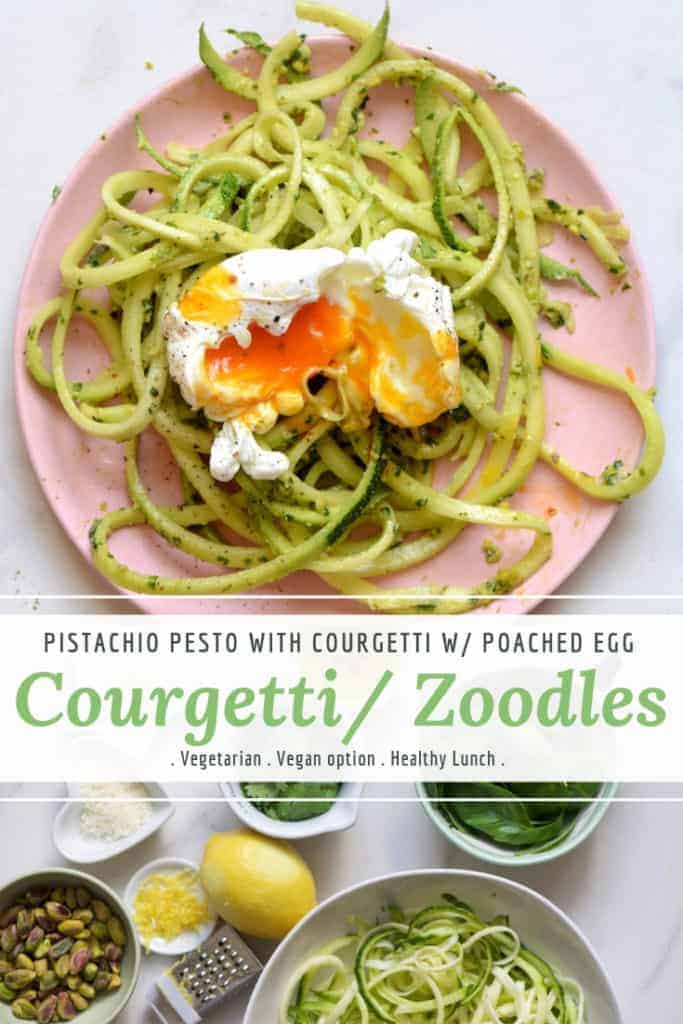 courgetti zoodles with pistachio pesto and poached egg