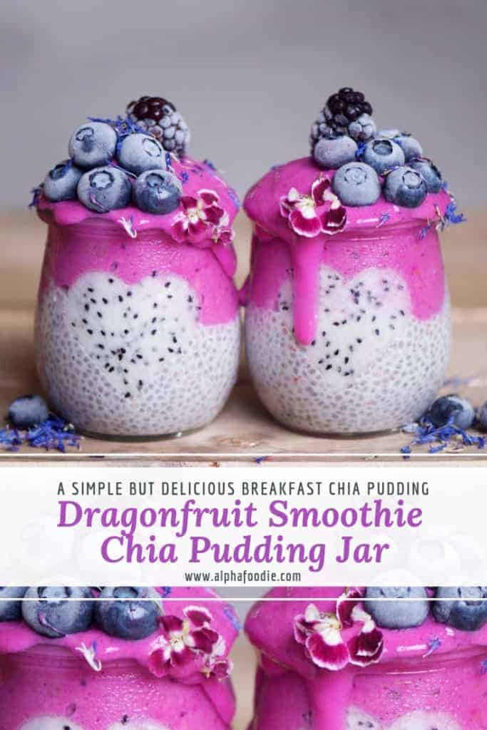 dragonfruit smoothie topped chia pudding jar. healthy vegan breakfast