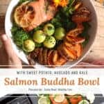 salmon buddha bowl with sweet potato, kale & avocado.