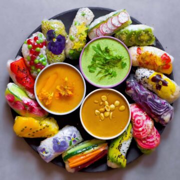 delicious vegan rice paper rolls with mixed vegetables and fruit an three dipping sauces