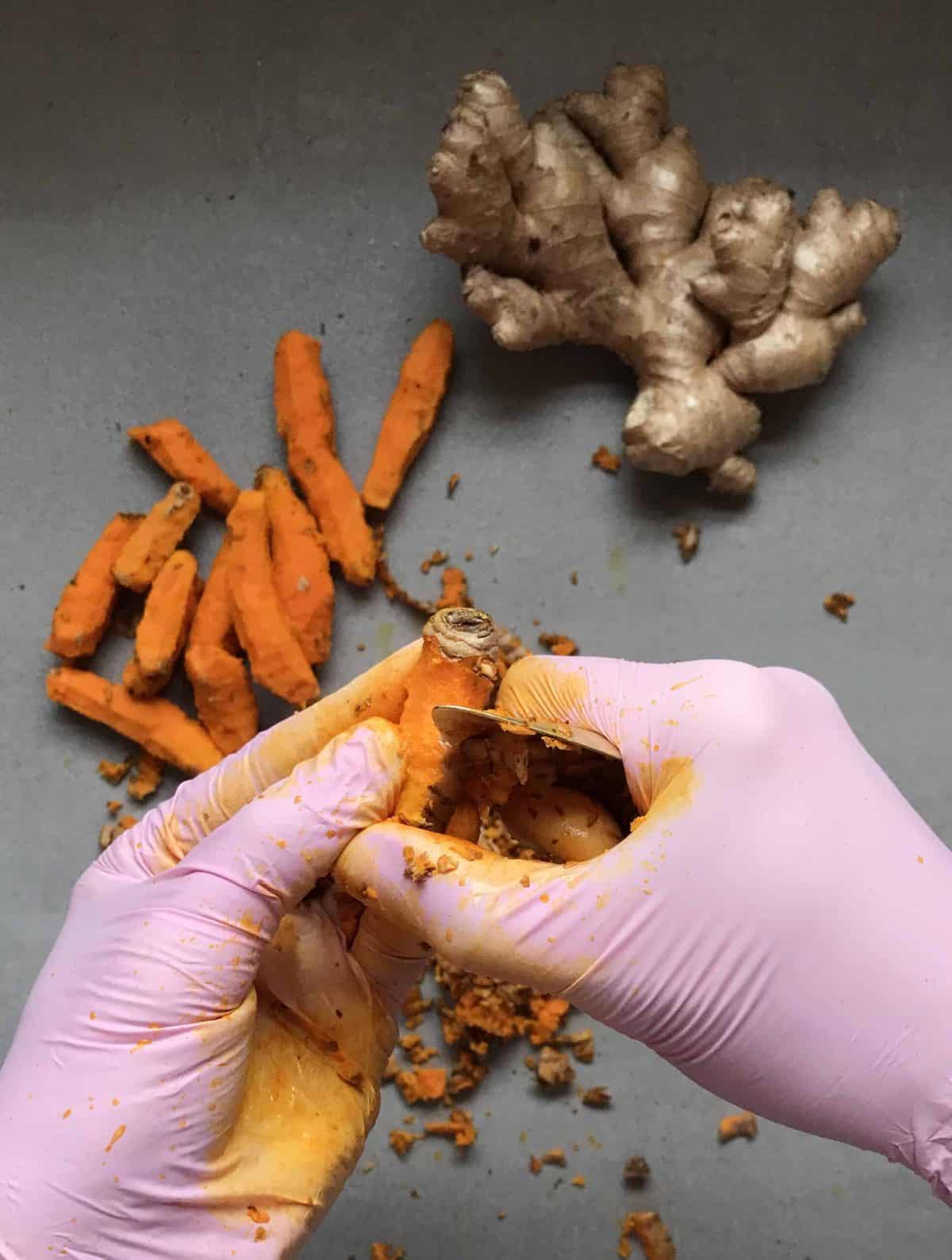 Unpeeled ginger and peeled turmeric laying on a flat surface and two hands in pink gloves peeling a turmeric piece with a spoon