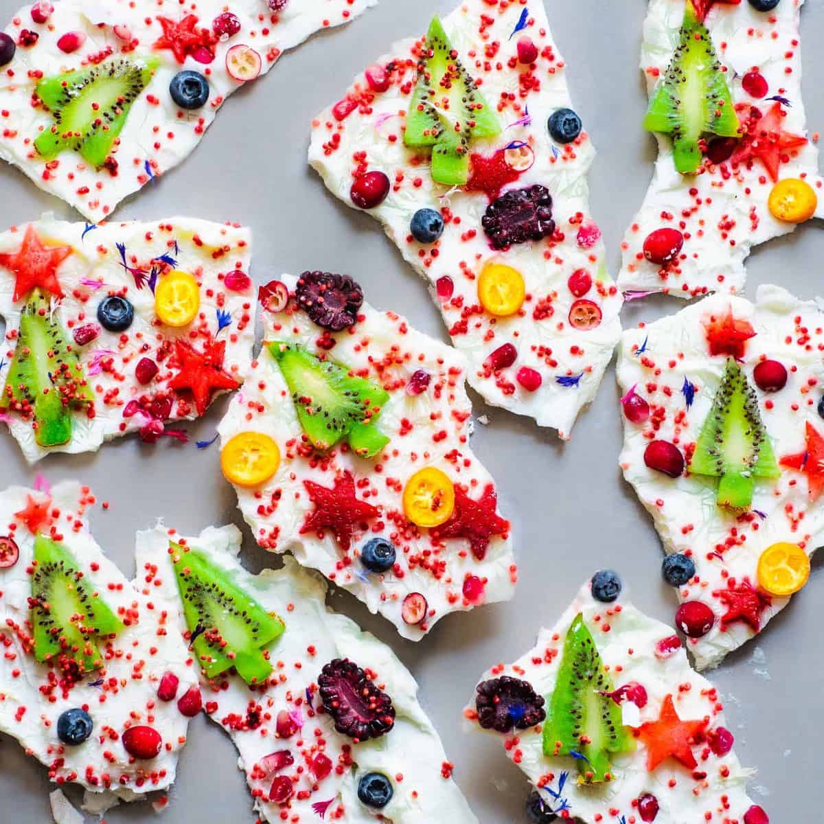 Yogurt bark pieces decorated with red puffed quinoa kiwis and other fruit 