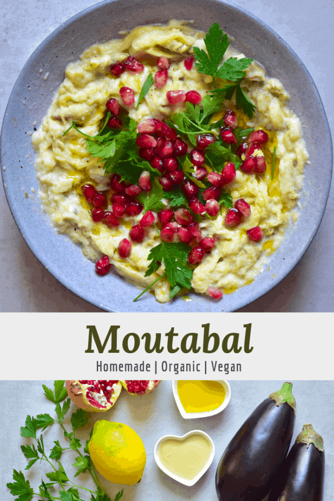 Vegan moutabal aubergine dip with pomegranate and parsely