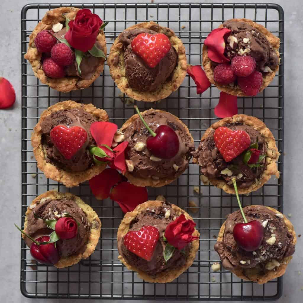 Chocolate Chip Cookie Cups with ice cream and berries