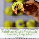 A close up of savory cupcake with avocado frosting