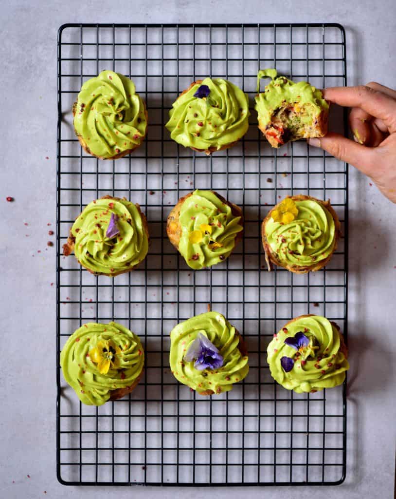 Rainbow mixed vegetable savoury cupcakes with avocado frosting