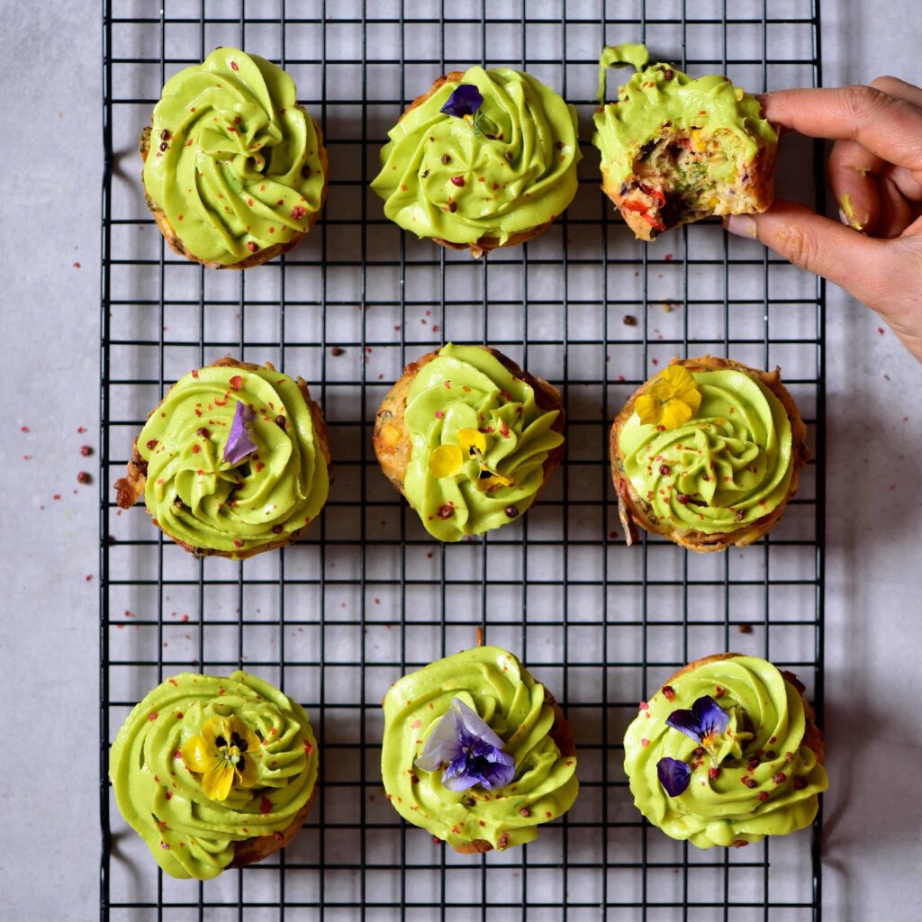 Rainbow mixed vegetable savoury cupcakes with avocado frosting