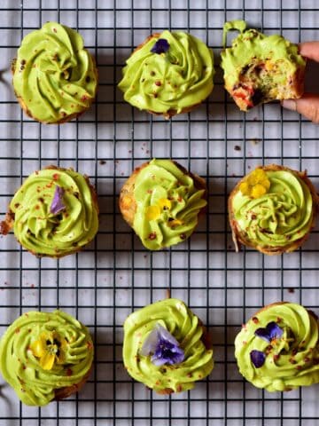 Rainbow mixed vegetable savoury cupcakes with avocado frosting