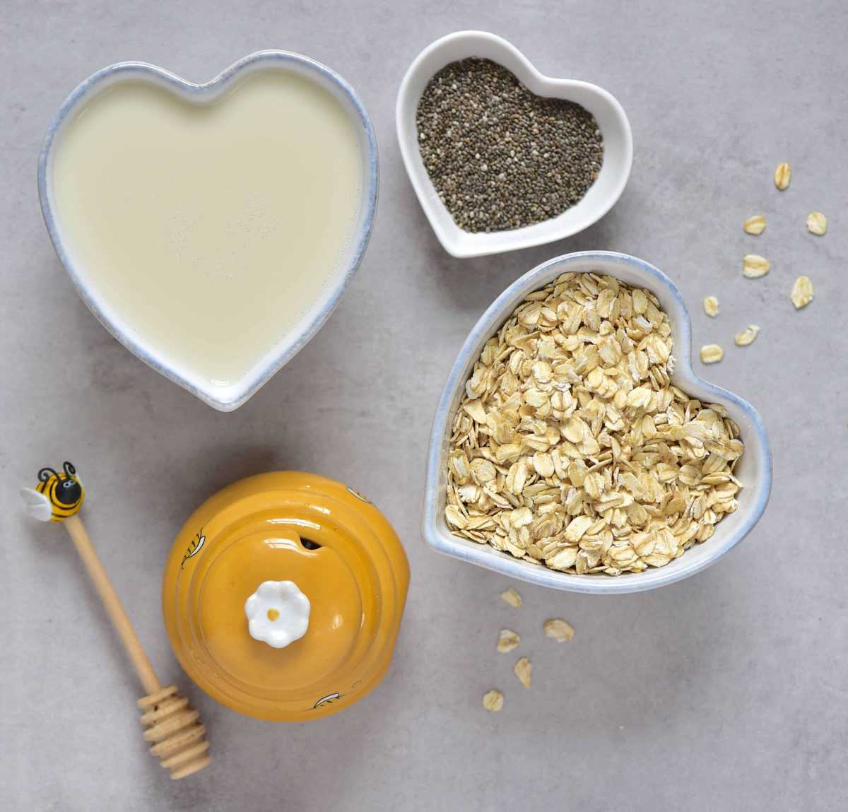 Overnight oats ingredients - oats, chia seeds, milk, honey