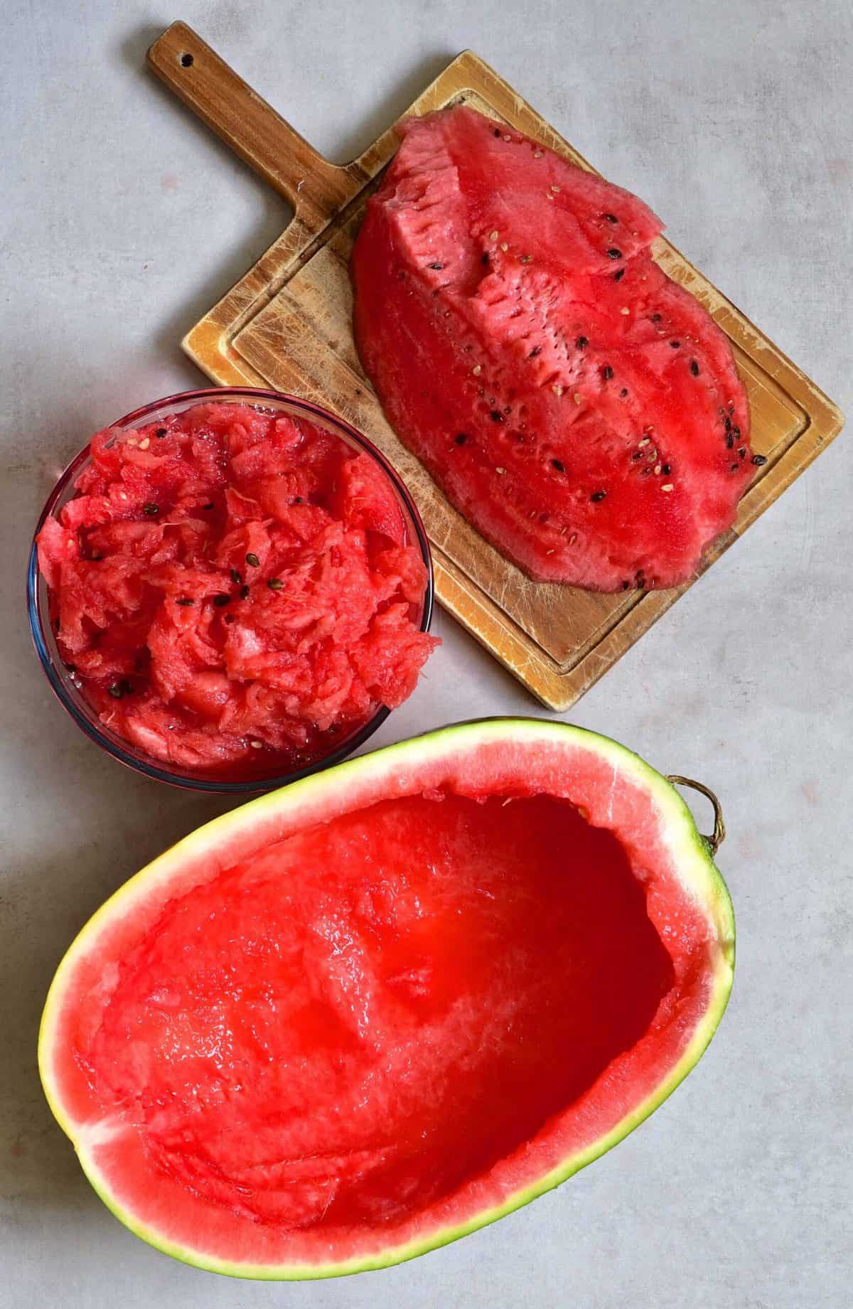 Watermelon flesh removed from watermelon