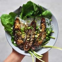 Miso-glazed aubergines with salad and glass noodles