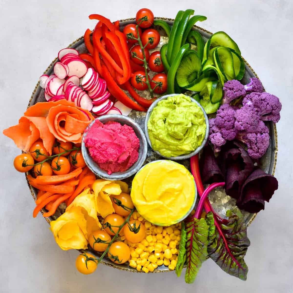 Rainbow Veggie Platter with 3 Hummus dips