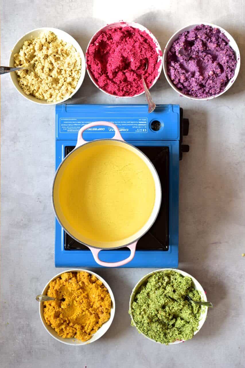 Falafel paste in 5 rainbow colours ready to be fried