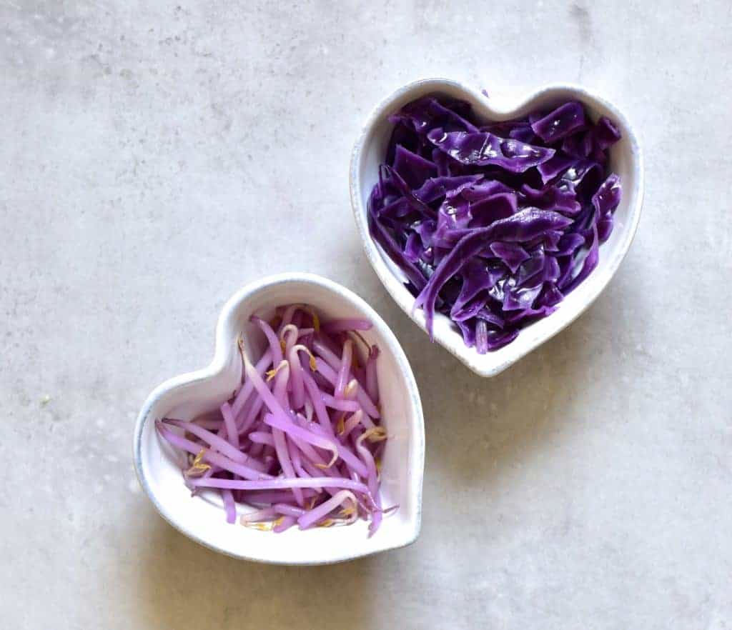 Mung bean sprouts tainted purple with red cabbage