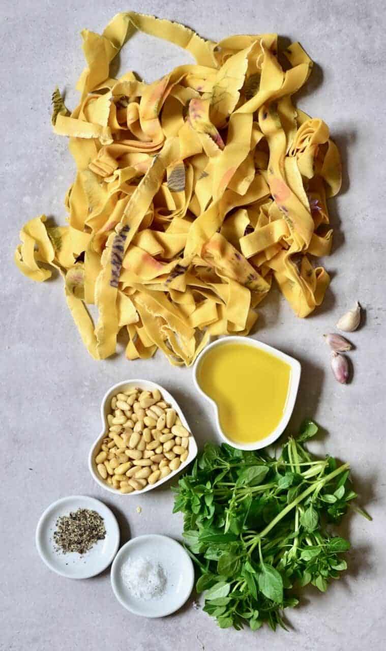 homemade pappardelle floral pasta with basil pesto - simple homemade pasta