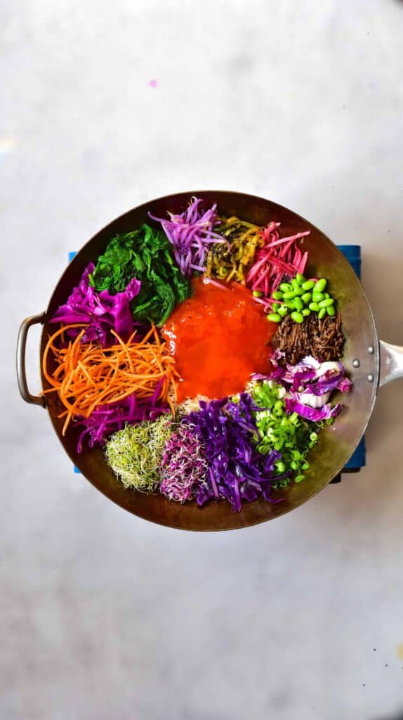 Rainbow veggies on top of rice for a homemade bibimbap