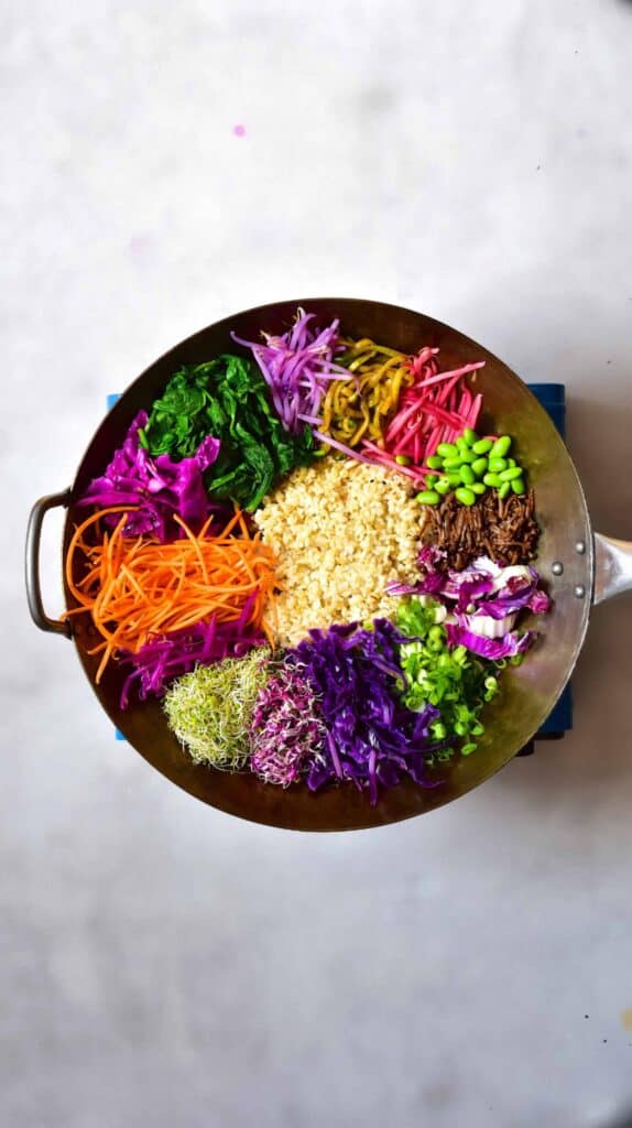 Rainbow veggies on top of rice for a homemade bibimbap