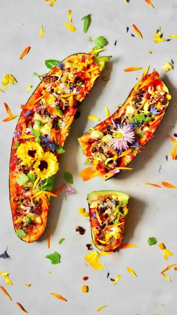 These healthy rainbow zucchini Boats are great for a nutritious, delicious filling vegetarian lunch/dinner. With a bean, corn, onion & veggie mince filling.
