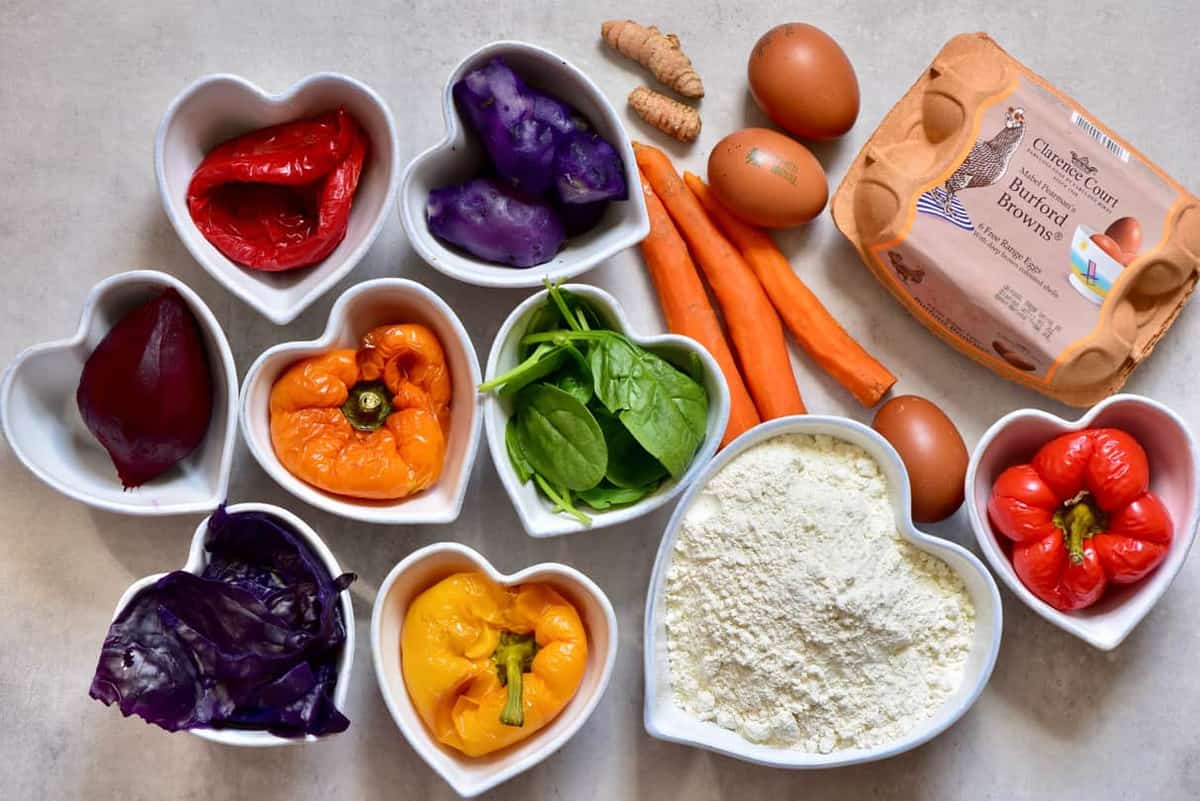 all the ingredients to make all-natural homemade rainbow pasta