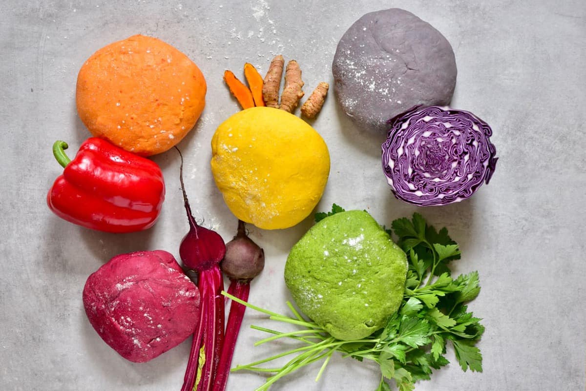 All-Natural Homemade rainbow Pasta dough with beetroot, spinach, cabbage, turmeric and red pepper