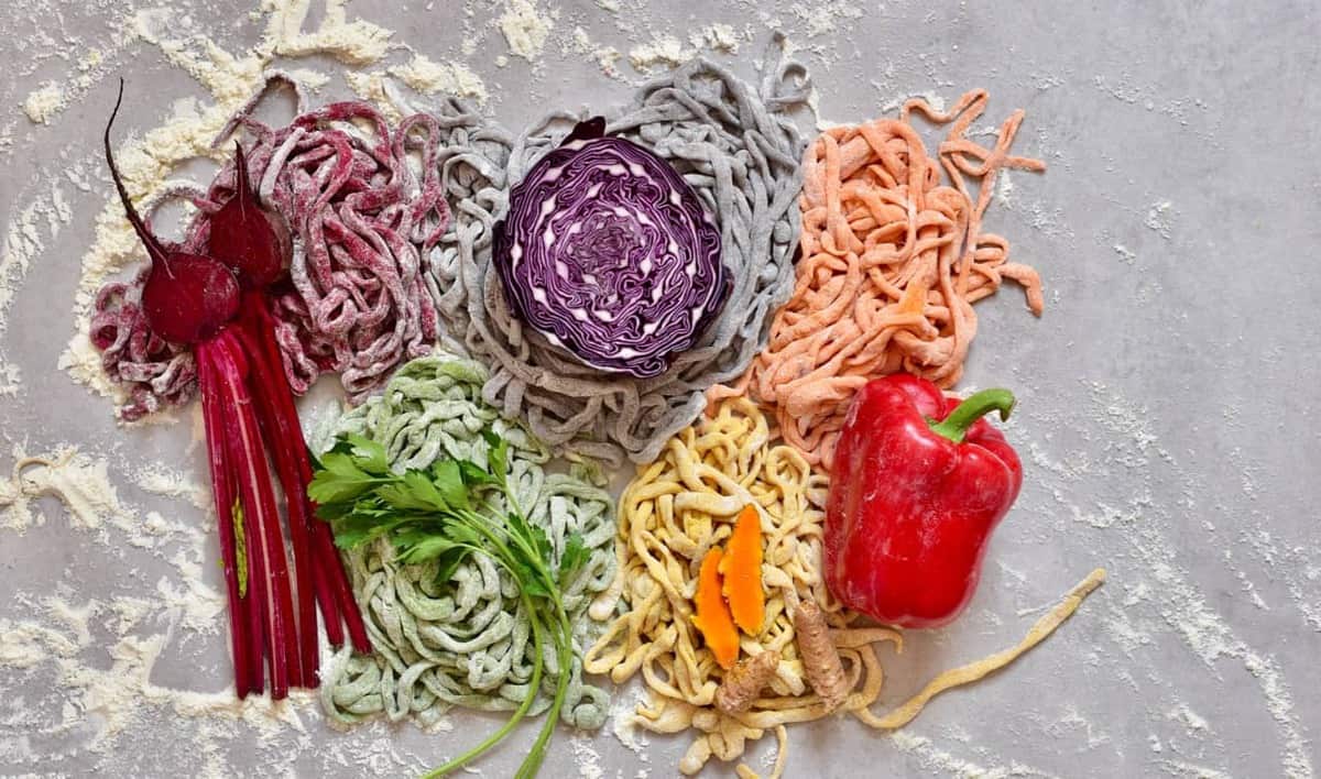 All-Natural Homemade rainbow Pasta dough with beetroot, spinach, cabbage, turmeric and red pepper