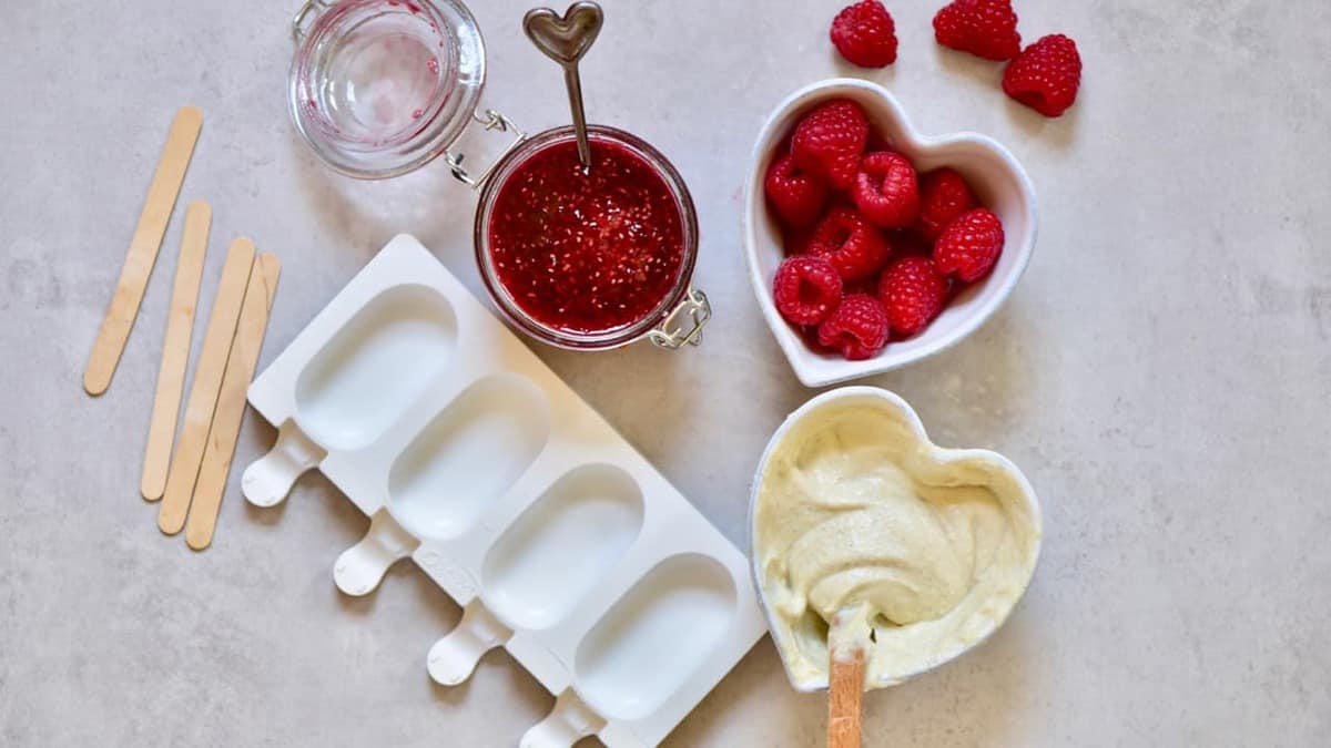 the ingredients to make a dairy free ice-cream with raspberry chia jam filling