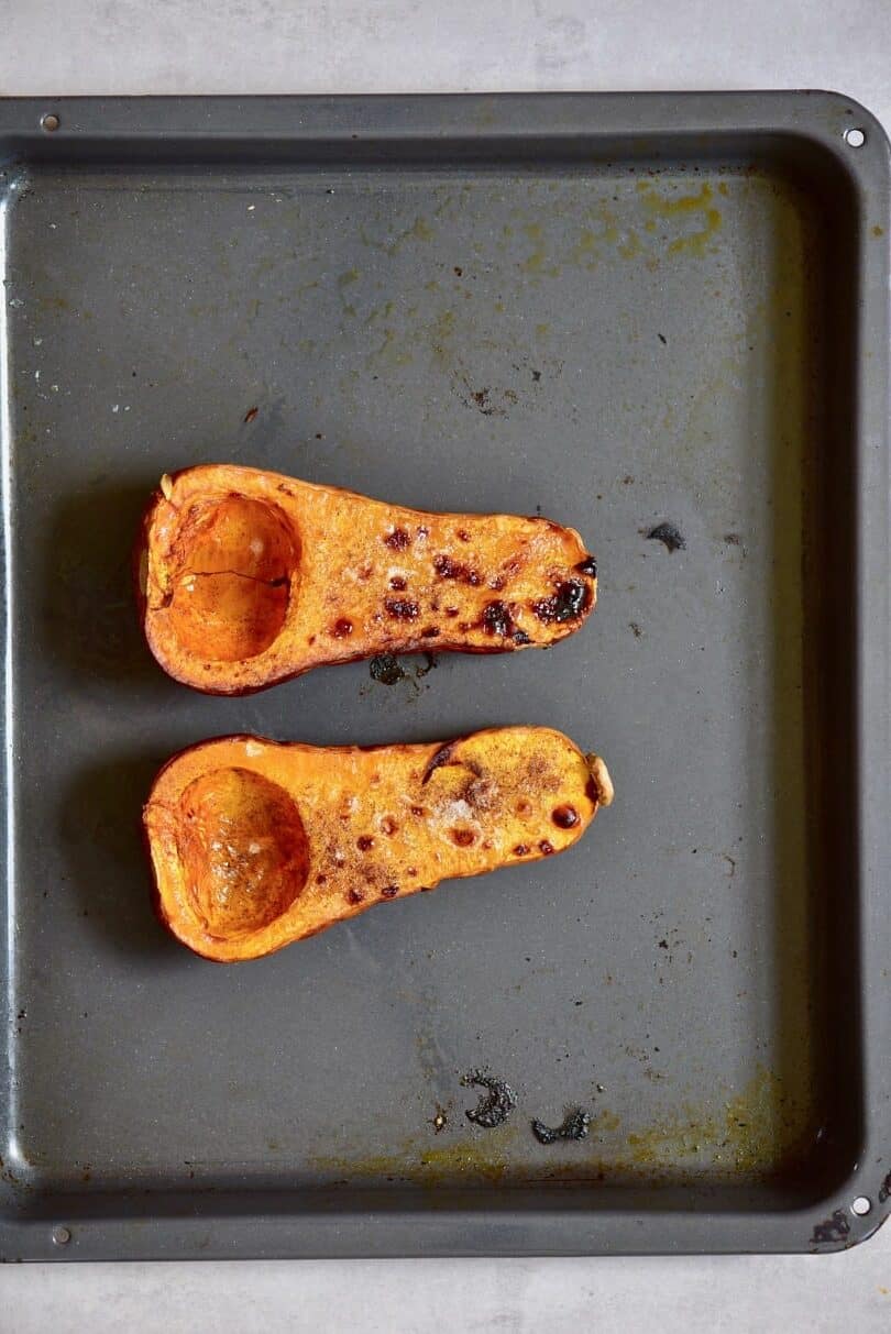roasted butternut squash on an oven pan