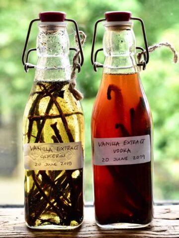 Two bottles with homemade vanilla extract