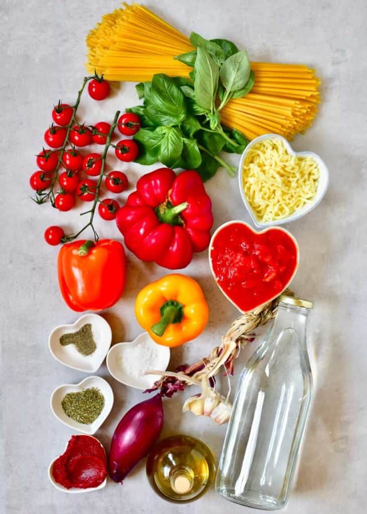 ingredients for healthy vegetarian one-pot pasta bake