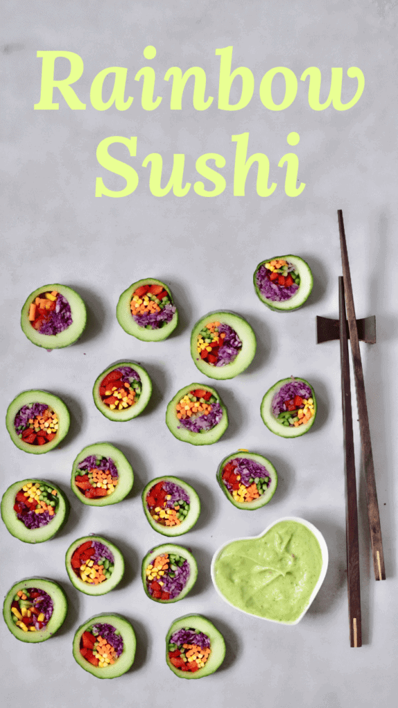 healthy 100% plant-based rainbow cucumber sushi rolls with an avocado dip. vegan, low-carb