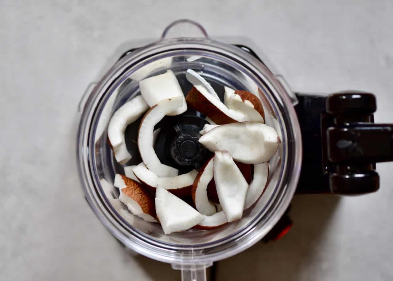 A blender with pieces of coconut