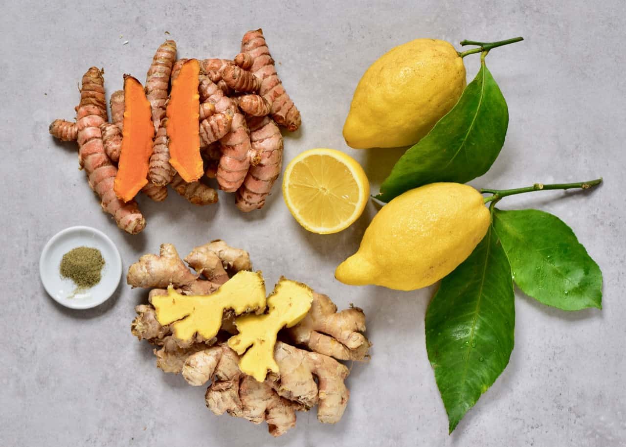 Ingredients for the 4 ingredient, 10 minute ginger turmeric immune-boosting energy shots.
