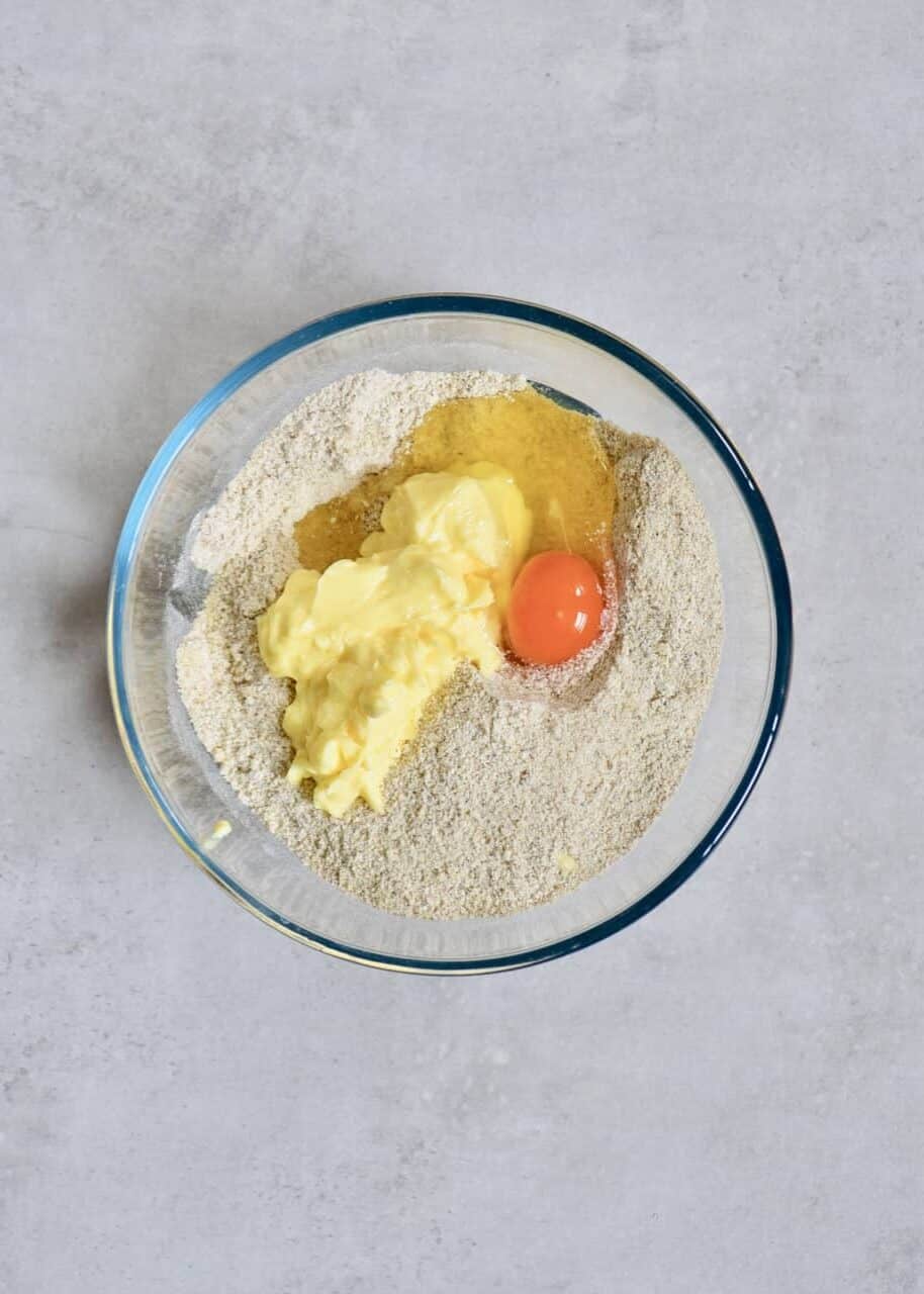 flour butter and egg in a bowl