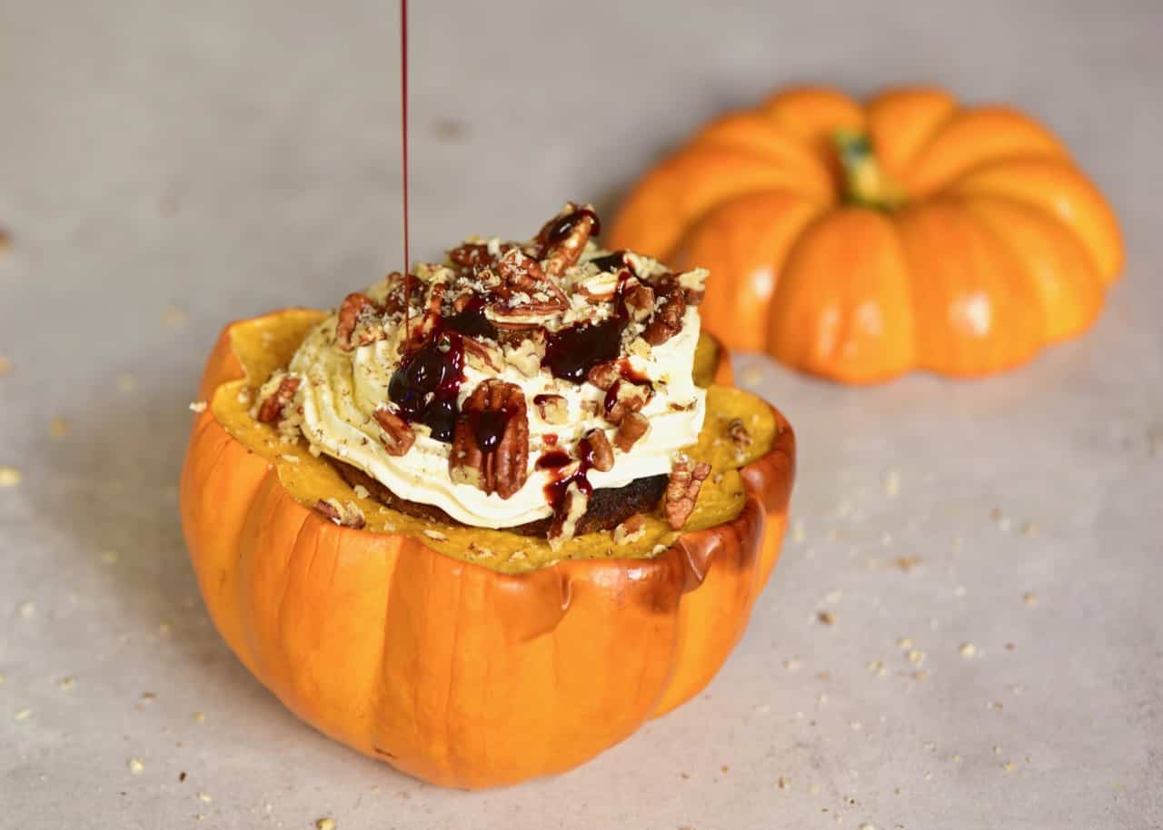 mini pumpkin cakes with coconut cream frosting and pecans