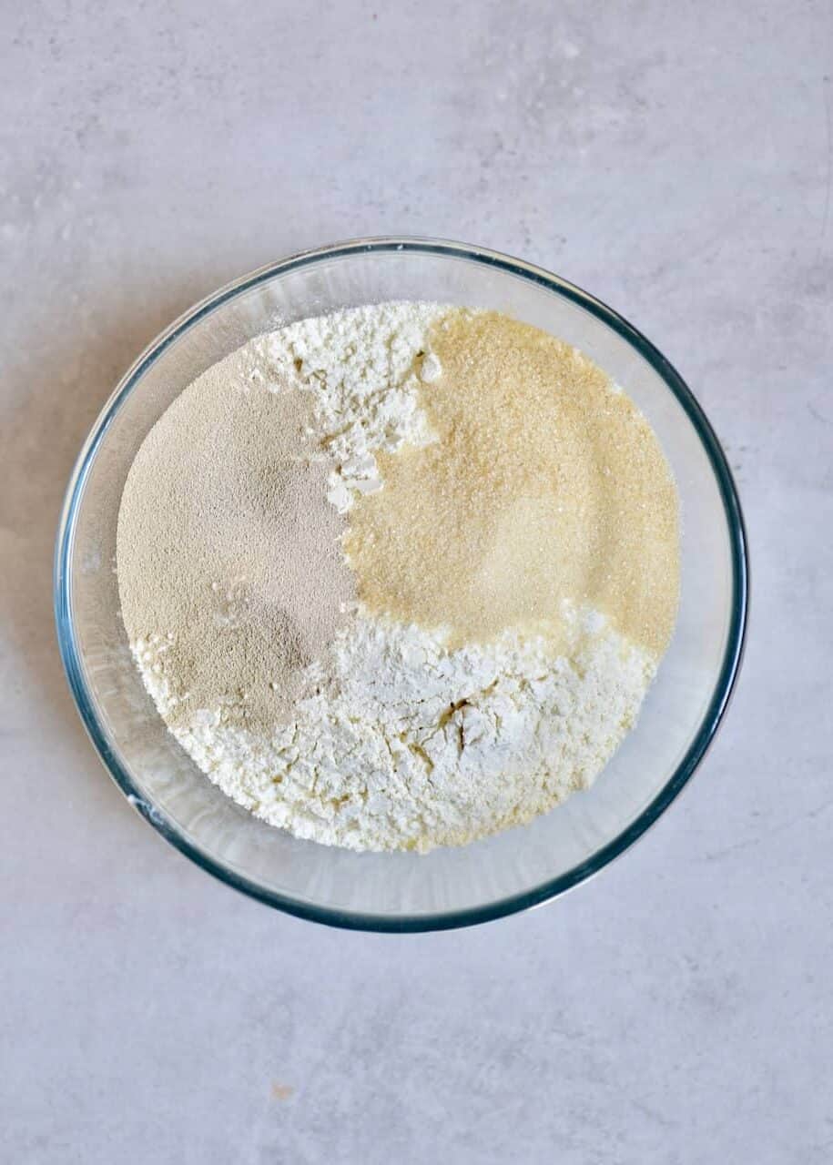 Flour sugar and yeast in a bowl