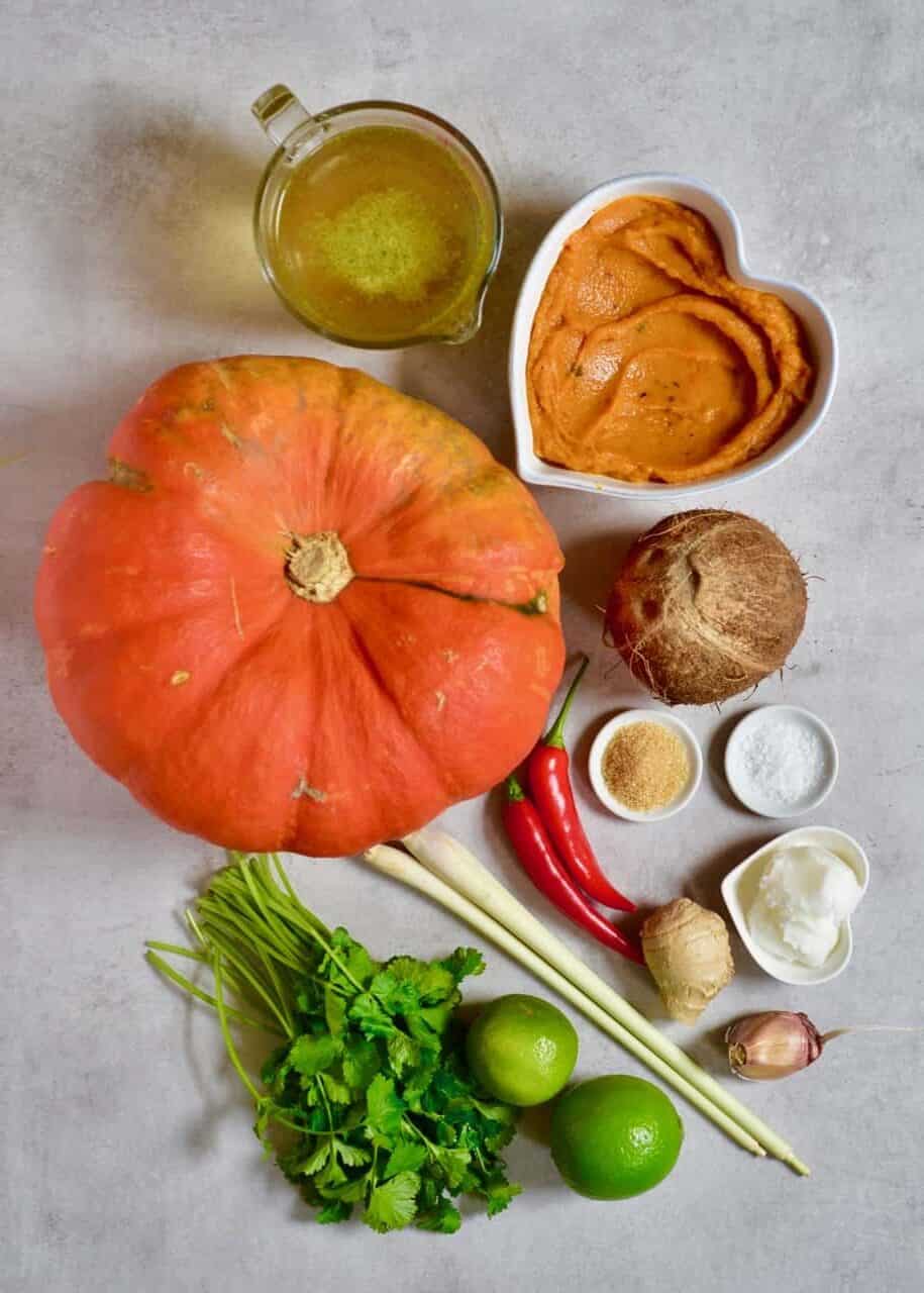 ingredients to make homemade coconut curry pumpkin soup