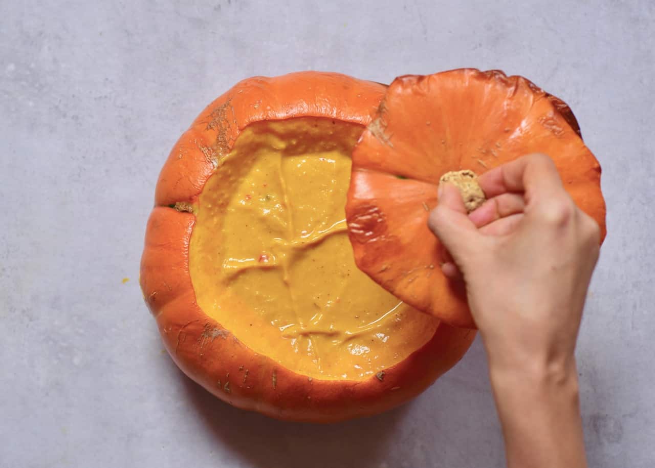 Coconut Curry Pumpkin Soup made in a pumpkin