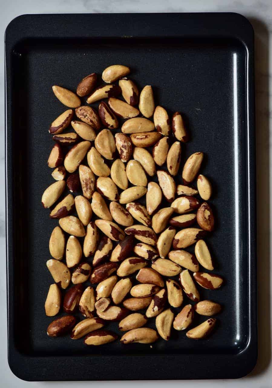 brazil nuts in a baking tray