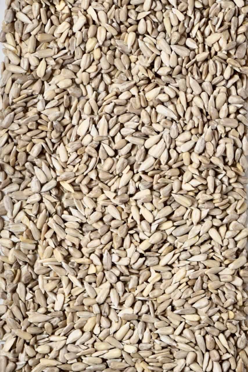 shelled sunflower seeds on a flat surface