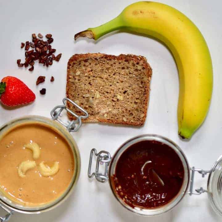 the ingredients for a homemade Christmas bear breakfast toast using homemade cashew butter and homemade vegan nutella 