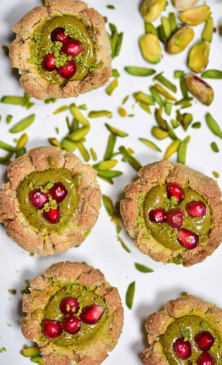 Delicious gluten-free, vegan bite-size snacks; almond & pistachio thumbprint cookies 