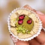 Delicious gluten-free, vegan bite-size snacks; almond & pistachio thumbprint cookies recipe. Not only are they easy to make- they can either be baked or kept as a no-bake cookie recipe! - 43