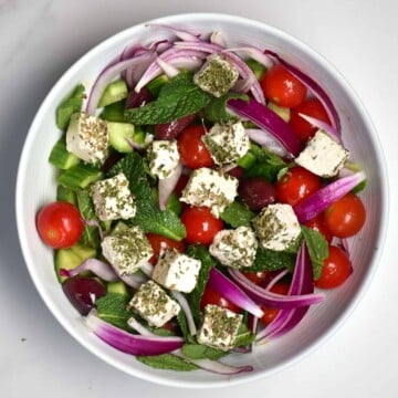 mixed greek salad with vegan feta cheese
